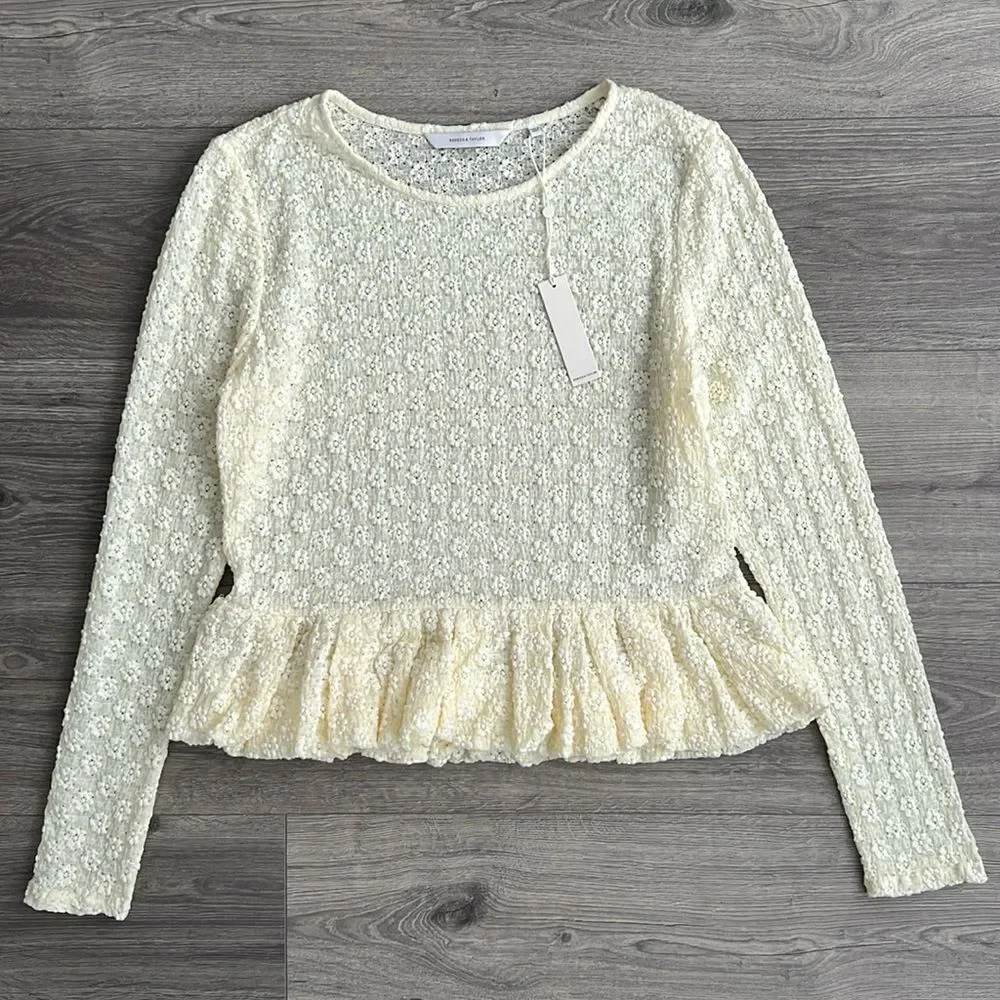 REBECCA TAYLOR Lace Peplum Top XL Antique Cream Floral Cloque Coquette Boho NWT